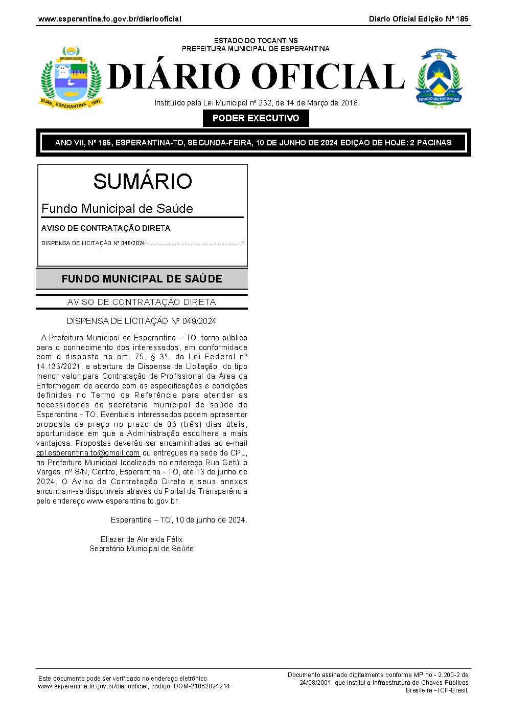 Diário Oficial - Edição 185