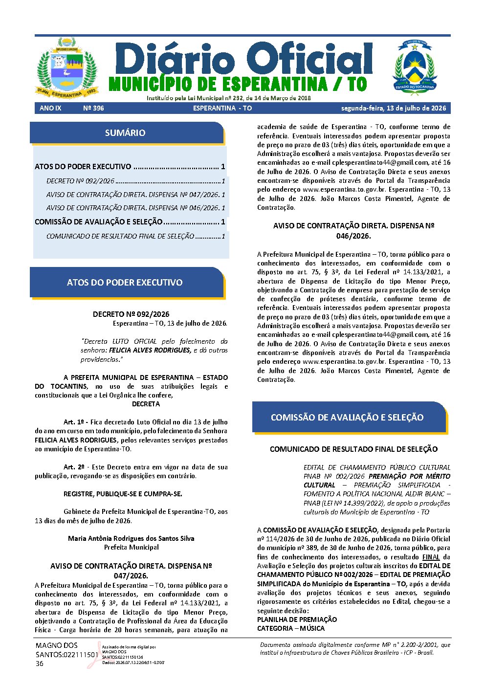 Diário Oficial N° 396
